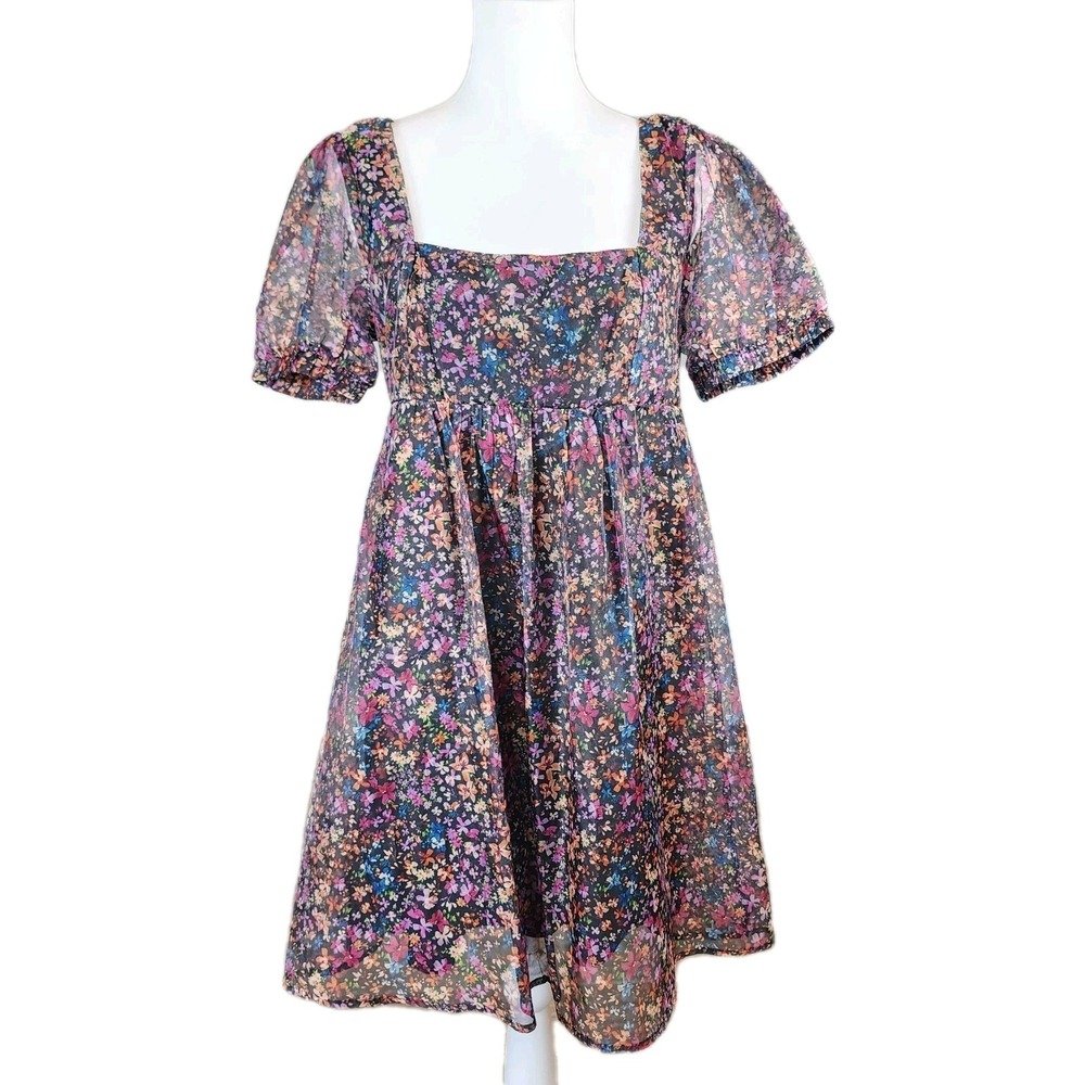 Wild Fable Babydoll Mini Dress Medium Pink Black Floral Puff Sleeve Milkmaid Y2K